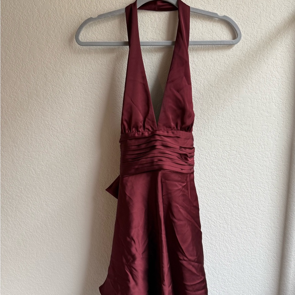 Burgundy Satin Halter Dress